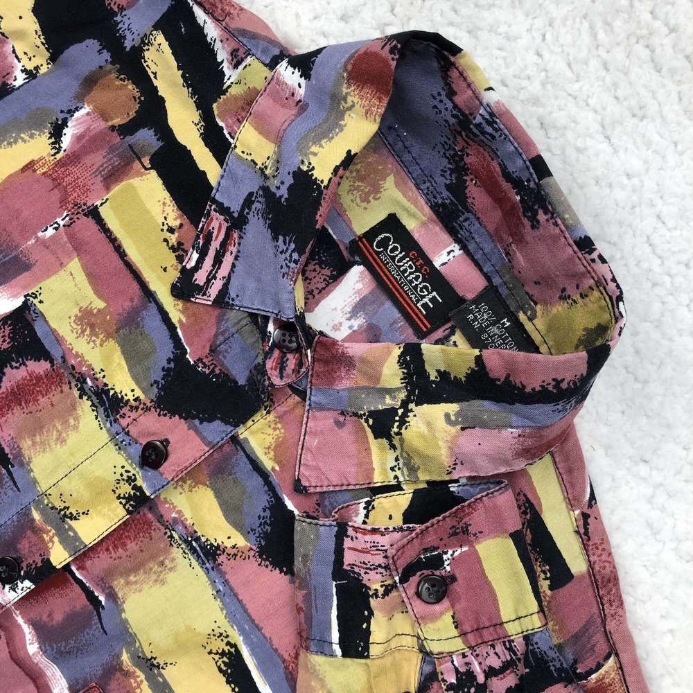 VTG 80s Button Shirt Womens M Colorful Abstract Watercolors‎ Paints Boho Retro